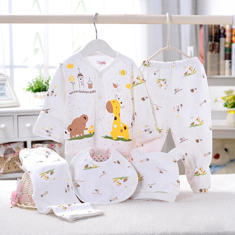 5-piece Cute Animal Pettern Top Pants Bib and Hat Set for Newborn